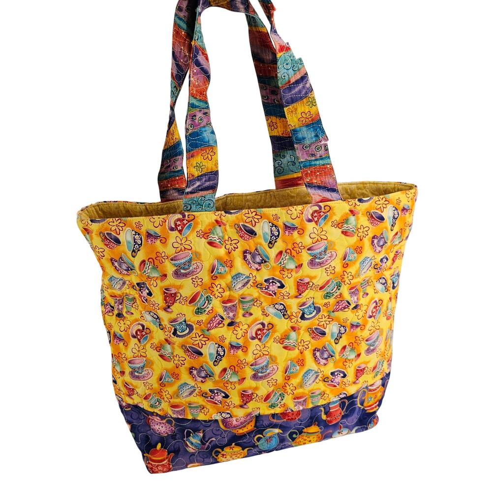 Quilted Tea Cup Tote Bag Yellow Purple Fabric Shoulder Bag 14 x 14 x5" Handmade